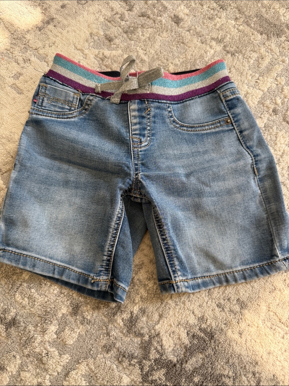 Vigoss Blue Denim Shorts with Pink Teal Purple Silver Stripe Waistband
